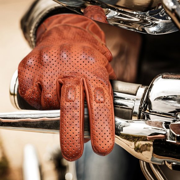 Men's Premium Waxed Austin Brown Leather Perforated Motorcycle Gloves - Picture 1 of 9